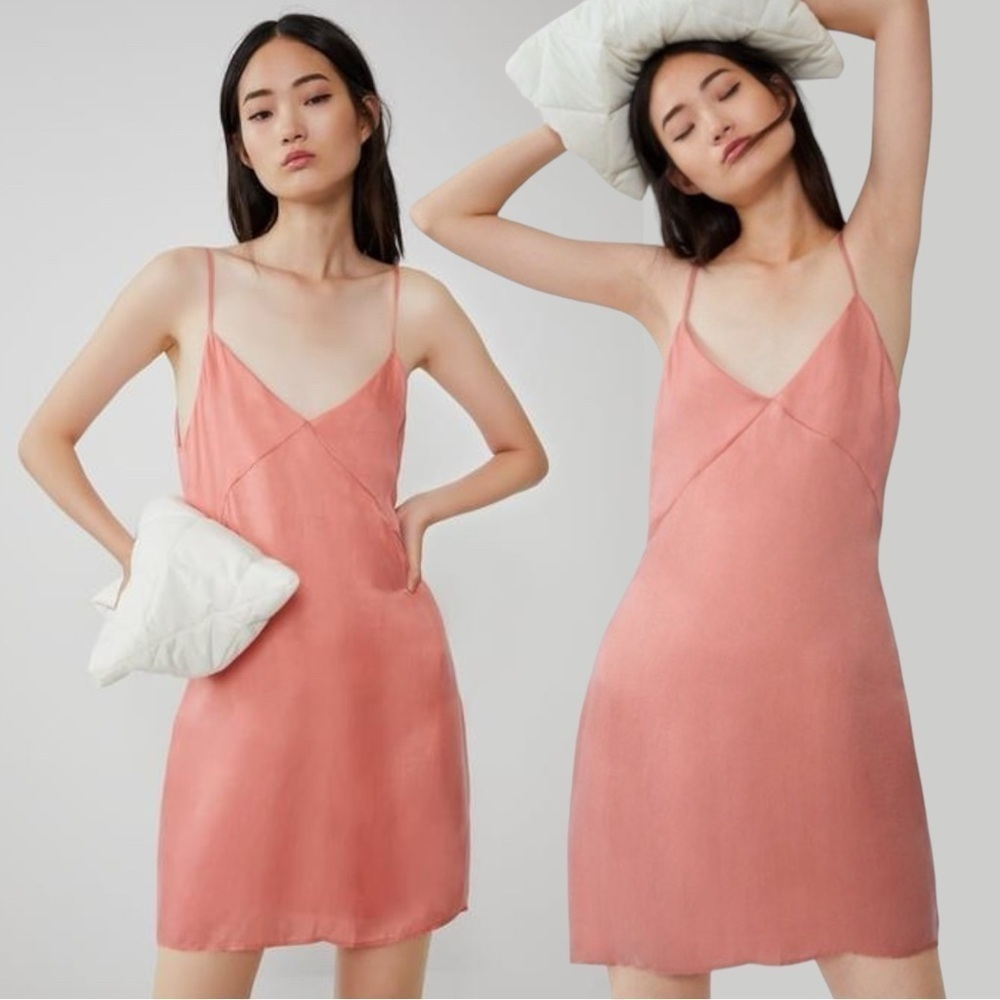 Zara Fillsens Slip Dress in Pink Peach Pearlescent 
NWT V Back Blogger Fav Small - Picture 3 of 14
